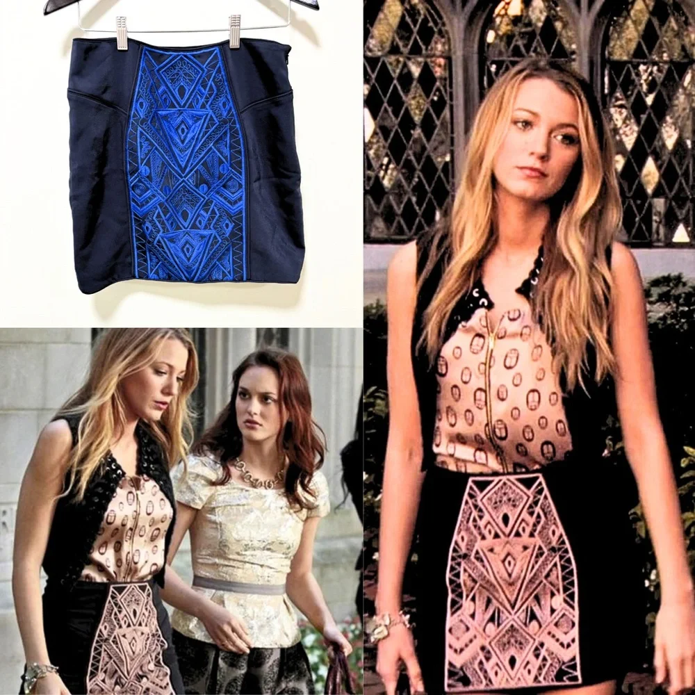 ASO Serena Van Der Woodsen in Gossip Girl Tibi Mini Geometric Skirt Alt